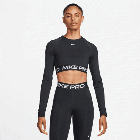 Nike Pro 365 Crop Top LS Women's Shirt, Black/White, Nike