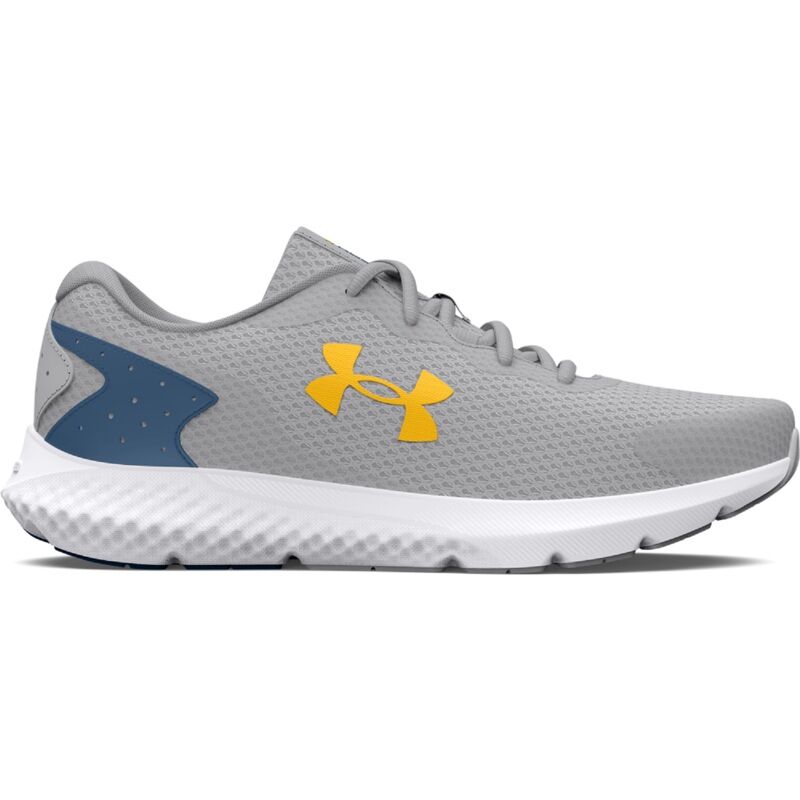 UA Charged Rogue 3 Running Shoes, Mod Gray/Varsity Blue/Gold 