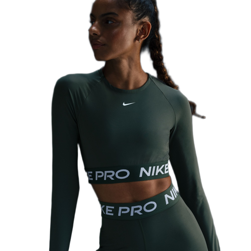 Nike Women's Pro 365 Crop Top LS, Vintage Green/White 