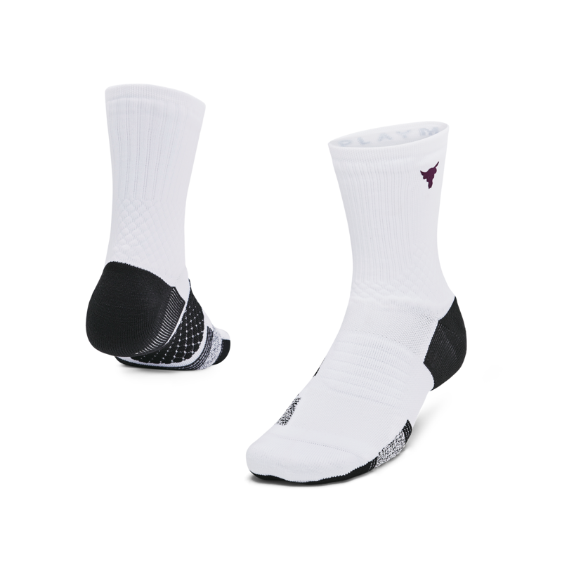 UA Project Rock ArmourDry Playmaker Crew Socks, 1 Pair, White/Black 