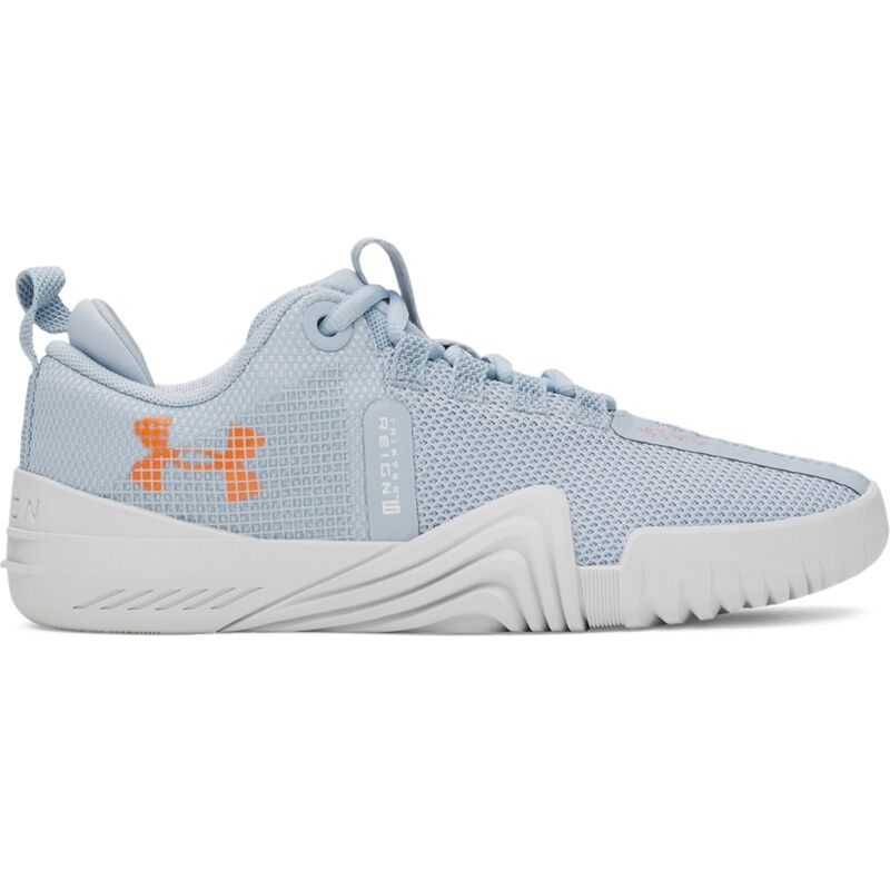 UA Women's Shoes TriBase Reign 6, Blue Calm/Distant Gray/Solar Orange 