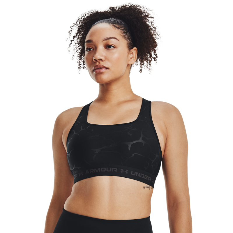 UA Mid Crossback Emboss Womens Bra, Black/Jet Grey 